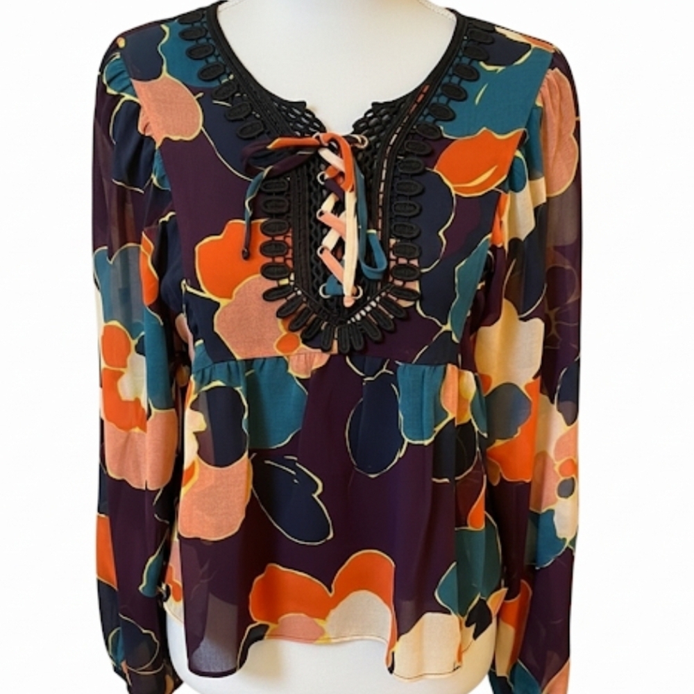 BCBGeneration Multicolor Floral Lace-Up Blouse, M, NWT✔️